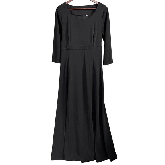 Formal Womens Full Dress Size 14 Black Tie Waist Scoop Neck Modest Prom - Picture 1 of 8